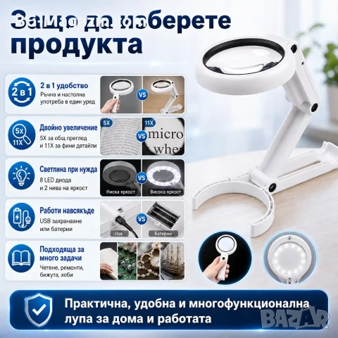 Мощна увеличителна ръчна и настолна лупа с LED осветление лампа стъклена за четене деца насекоми, снимка 4 - Други инструменти - 50920091