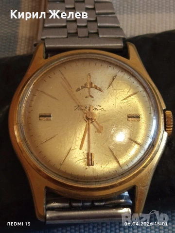 Рядък механичен часовник Raketa Runway Dial Airplane позлатен Au20 уникат 54486, снимка 7 - Антикварни и старинни предмети - 54109921