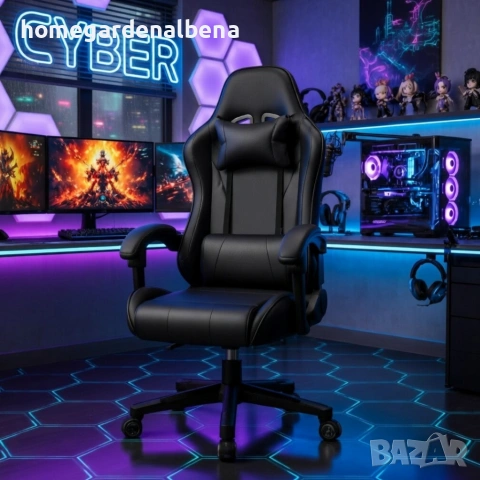 Ергономичен офис и геймърски черен стол – Максимален комфорт за гърба и врата, регулируем