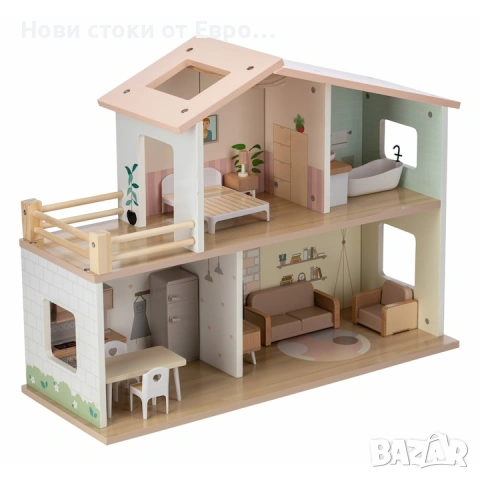 Ella Дървена Къща За Кукли  На приземния етаж има красива кухня с маса, два стола и малка кухня. В д