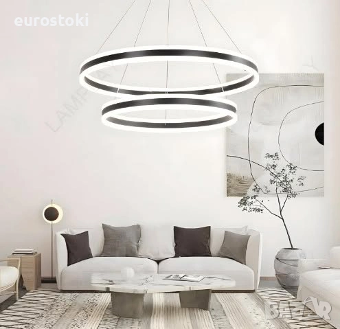 Луксозен LED полилей LAMPLAY, модерна LED висяща лампа 65W, голяма таванна лампа с 2 черни пръстена , снимка 3 - Лампи за таван - 54978071