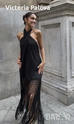 Хитова черна ленена рокля Zara с макраме и ресни, размер XS (Blogger's favorite / Много тьрсен модел, снимка 15 - Рокли - 55347616