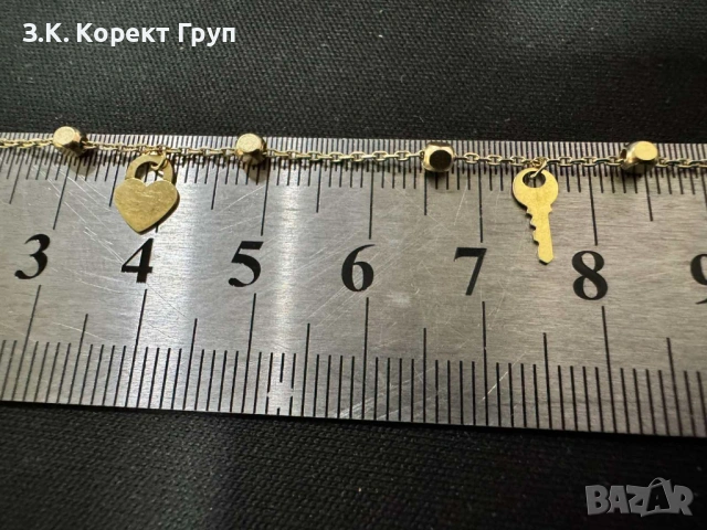 Златна гривна 14K 585 с ключ и сърце – 1,57 г – 19,5 см, снимка 6 - Гривни - 54513469