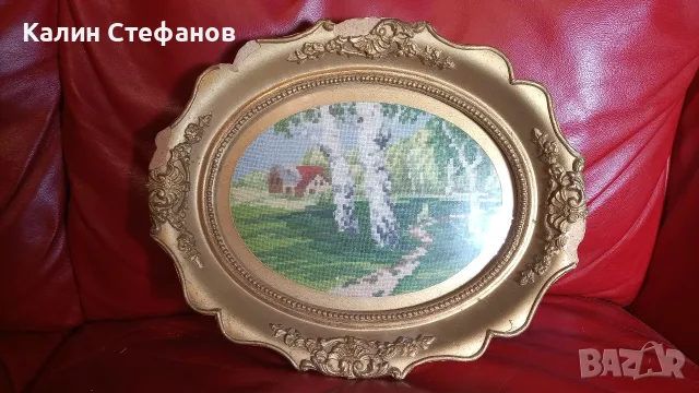 Гоблен с ретро рамка, къща в брезова гора, елипса