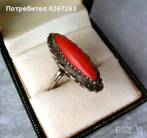 Старинен Art Deco сребърен пръстен с корал и марказити, снимка 2 - Пръстени - 55422229