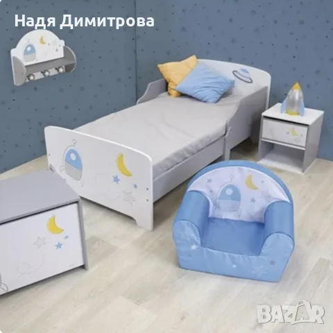 Детско легло Космос 140x70 см с ламелна основа – Бяло легло с пленети, звезди и ракета, снимка 4 - Спални и легла - 55671115