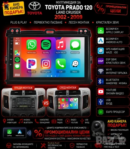 Мултимедия, Навигация Toyota Prado 120, Land Cruiser, Android, Ланд Крузер, Carplay, Waze, Андроид 
