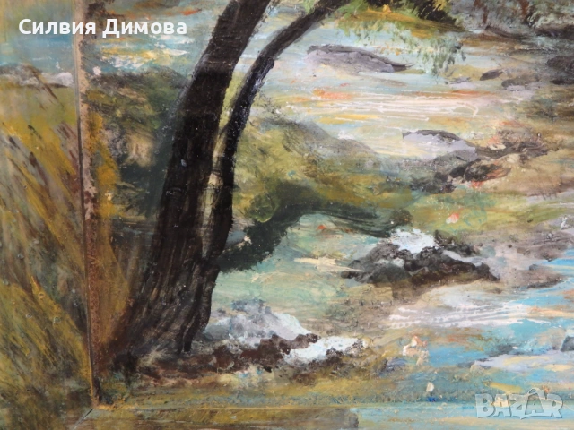 Залез край реката до пещерата (маслени бои върху кора от бреза), снимка 6 - Картини - 54690719