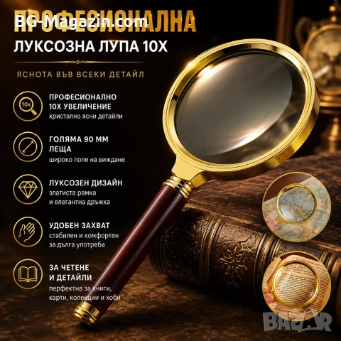 Професионална стъклена голяма ръчна лупа 10X увеличение за четене на книги вестници луксозна подарък