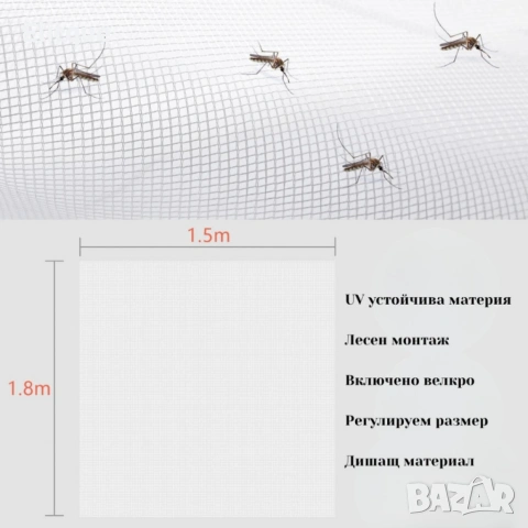 UV Устойчива мрежа против комари за прозорец 150x180 см – Бяла, лесен монтаж с велкро, снимка 7 - Декорация за дома - 54269016