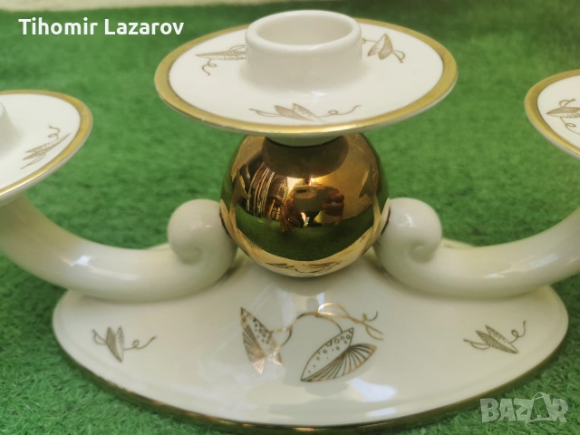 Винтидж трираменен позлатен порцеланов свещник Alka Bavaria "Peking", 1950, снимка 2 - Антикварни и старинни предмети - 54590848