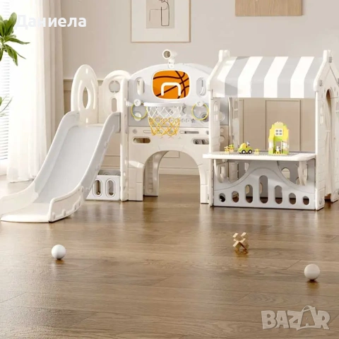Детски център за игра с пързалка, къща и баскетболен кош, сив, снимка 7 - Други - 55287202