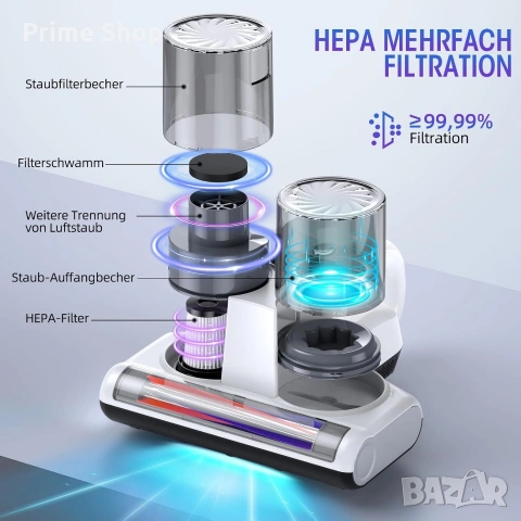 Промо! Прахосмукачка за матраци JPHYLL, 16KPa, UV-C светлина, HEPA филтър, 500W, снимка 4 - Прахосмукачки - 55186040