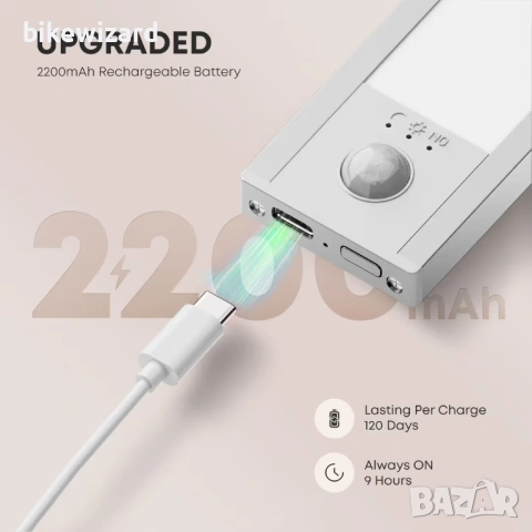 LED акумулаторна лампа за под шкаф 30 см 2200 mAh сензор за движение USB димируема – 2 броя НОВО, снимка 3 - Лед осветление - 54715994