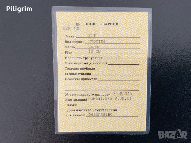Удостоверение за регистрация на котка, Украйна., снимка 2 - Антикварни и старинни предмети - 55172089