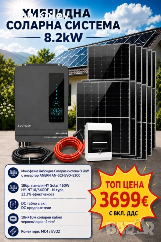 Хибридна Соларна Система 8.2kW, ANERN AN-SCI-EVO-8200 и 18бр. Фотоволтаични панели HYSolar