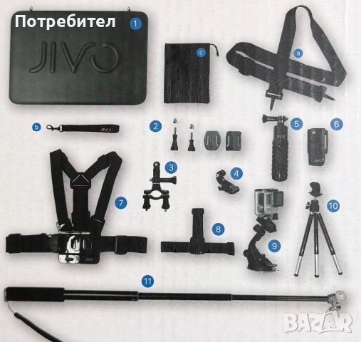 Оригинален Jivo Go Gear Комплект аксесоари за екшън спортна камера за GoPro Hero, снимка 5 - Чанти, стативи, аксесоари - 54906371