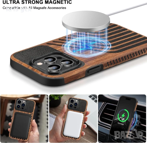 Магнитен калъф, съвместим с iPhone 15 Pro Case Wood Grain дизайн дървесна и кожена текстура MagSafe, снимка 6 - Apple iPhone - 55073958