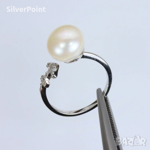 Сребърен пръстен с обла натурална Перла с регулируем размер и сертификат , снимка 2 - Пръстени - 54233468
