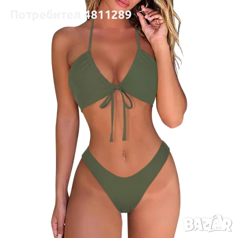 Дамски комплект бански горнище и долнище с ниска талия, цвят зелен, размер: L