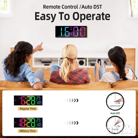 Дигитален Стенен Часовник 12" RGB LED с Дистанционно, Дата и Будилник, снимка 3 - Стенни часовници - 54971834