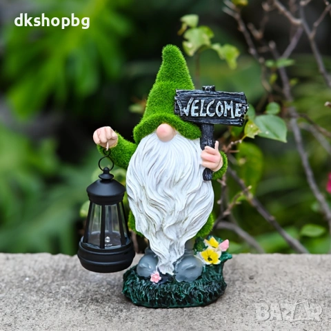 5008 Декоративна градинска фигура "Джудже" със соларна LED лампа и надпис "Welcome", 25 см, снимка 5 - Други стоки за дома - 54631031