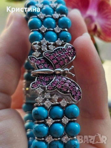Уникална сребърна гривна с Тюркоази и Рубини, снимка 4 - Гривни - 54058793