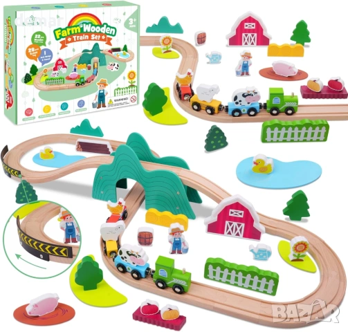 SIMPLIPLAY Комплект дървено влакче за малки деца 3-5 години, Монтесори, 49 части