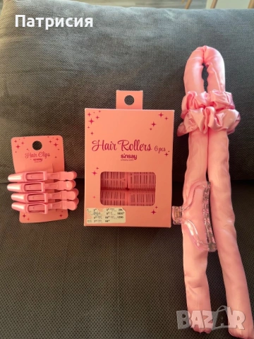 Розов комплект за средни и големи къдрици, скрънчита, ролки и щипки за къдрене на коса