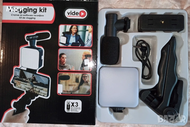 Комплект “Vlogging“ със статив и LED лампа, микрофон и стойка за мобилен телефон, снимка 2 - Микрофони - 54658463