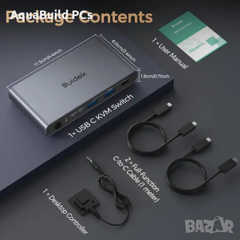 Suidek USB C KVM превключвател за 1 монитор и 2 компютъра, нов, снимка 7 - Кабели и адаптери - 55540315
