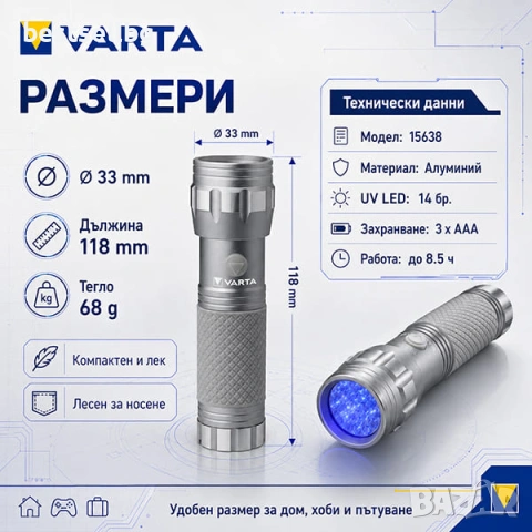 Мощен мини ув фенер UV лед лампа фенерче Varta ултравиолетова светлина, снимка 6 - Друга електроника - 45399532