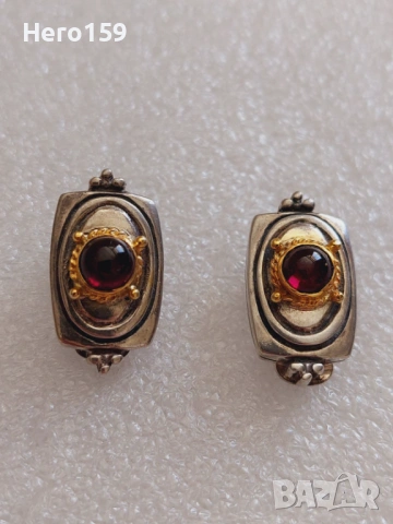 	Дамски маркови дизайнерски обеци,инкрустирани гранати, златни 14к орнаменти сребро 925.