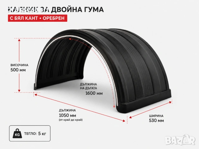 Калник за двойна гума с бял кант – оребрен 530 x 1600 Premium Quality Turkey, снимка 2 - Аксесоари и консумативи - 54556569