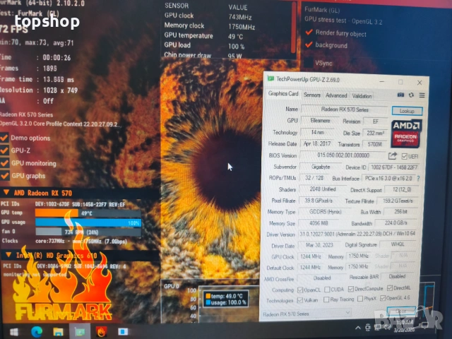 Перфектна видеокарта GIGABYTE RX 570 4GB проверена, слагаш и тръгва. Работи тихо и хладно..., снимка 2 - Видеокарти - 54308557