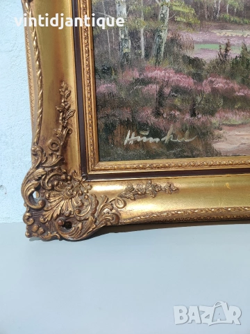 Пейзаж с маслени бои върху платно, показващ горска сцена с пътека в златна барокова рамка, снимка 2 - Картини - 54377235