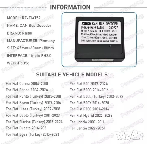Кабели за андроид МЕДИЯ  плюс CANBUS DECODER за FIAT