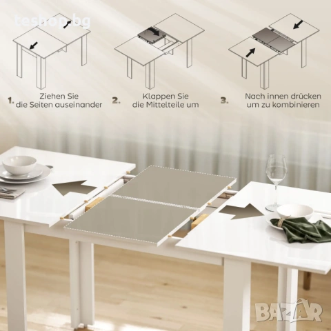 Tрапезна маса HOMCOM, 120-160 x 70 см, разтегателна, за 4-6 души, MDF, бяло с висок гланц, снимка 5 - Маси - 54513613