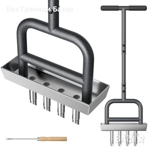 Нов Градински аератор за тревна площ уплътнена почва 93 см 4 стоманени шипа дълга дръжка