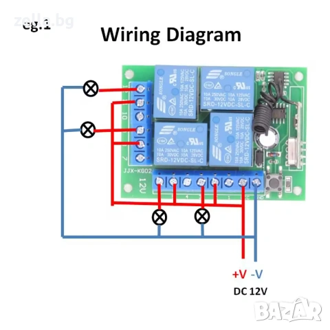 4-канален релеен модул с дистанционно управление 12V 433MHz – комплект с 2 дистанционни 10273, снимка 3 - Друга електроника - 54662156