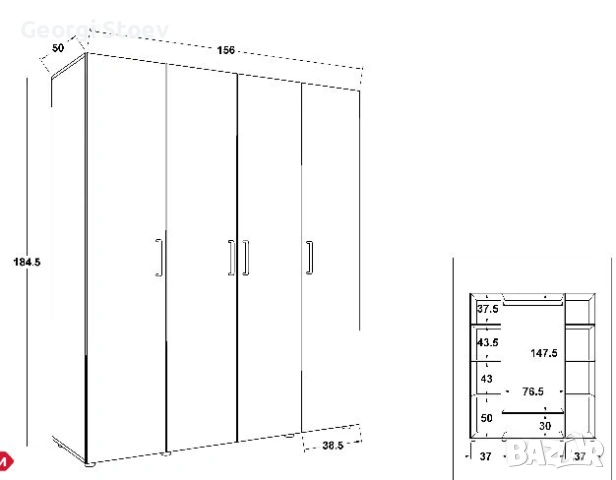 Четирикрилен гардероб, снимка 2 - Гардероби - 54113896