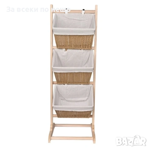 Дървена етажерка с плетени панери на 3 нива, 35×35×102 см Код P2509, снимка 2 - Етажерки - 54446595