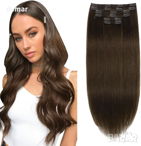 XDhair екстеншъни за коса тип „щипка“ от естествена човешка коса, средно кафява,100 гр.,6бр., 40 см