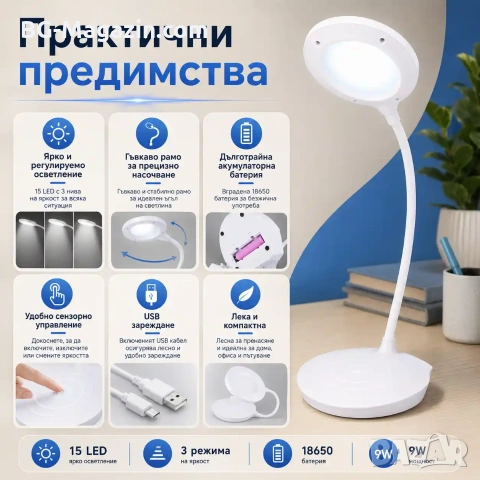 Настолна лампа с LED осветление нощна лампа лед за бюро четене учене детска стая спалня за учене, снимка 3 - Лед осветление - 51049334