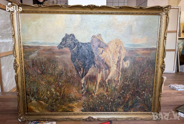 Старинно маслено платно "Руски борзои" – Музеен размер (140х110 см)
