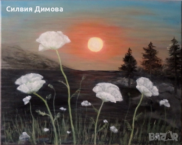 Бели макове, маслени бои