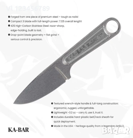 Кован от гаечен ключ 3" стоманен нож KA-BAR, снимка 7 - Ножове - 55056206