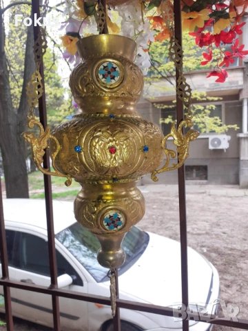 Огромно старо висящо кандило емайл и стъкла кадило тамянник, снимка 3 - Антикварни и старинни предмети - 54220475