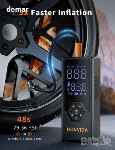 Преносим въздушен компресор за гуми HOVVIDA, 7800 mAh, 12V DC, 150 PSI, дебит 40л/мин, снимка 6 - Аксесоари и консумативи - 54048201