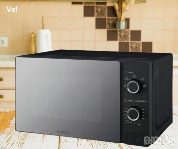 Микровълнова фурна 20L, черна, огледална, механична, снимка 2 - Микровълнови - 54746011